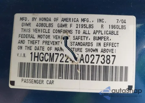 2004 Honda Accord 2.4 Lx из США, поврежденный, VIN 1HGCM72244A027387